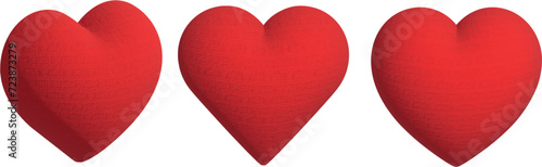 Colección de Corazones Tridimensionales con Textura de jerséy. Set de corazones rojos para San Valentín. Formas de corazones 3D sin fondo.