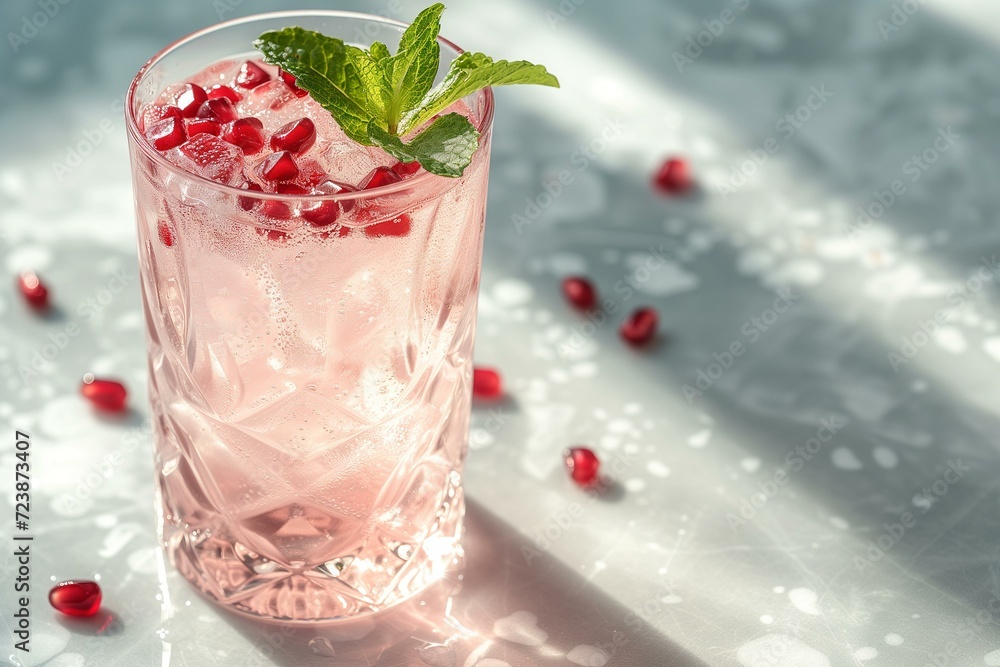 Sunlight casting shadows on a cool glass of pomegranate drink with ice. Sunlight casting shadows on a cool glass of pomegranate drink with ice.