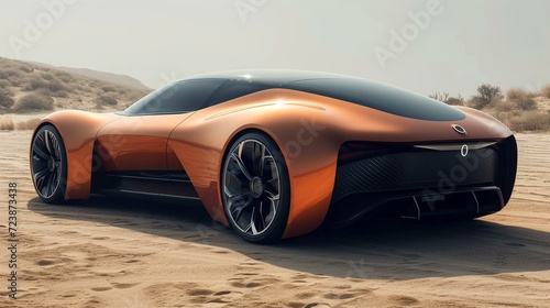 Sleek concept car design in a desert landscape.