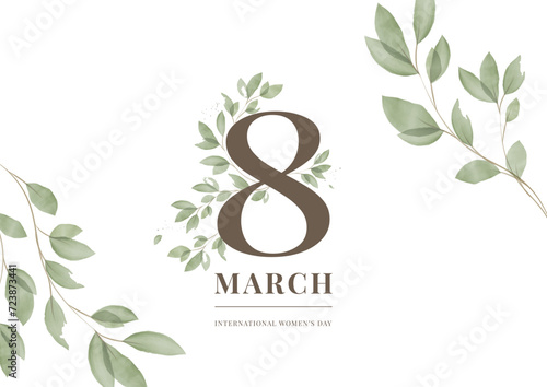 Greeting Card for International Women's Day, March 8 with Watercolor Botanical Elements. Vector Template