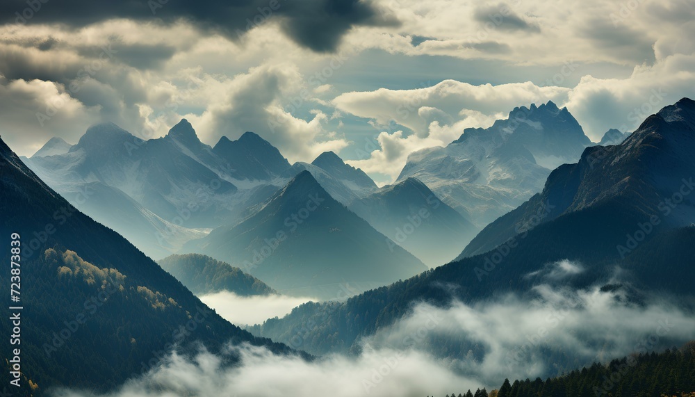 mountains in the morning. panorama of the mountains. mountain landscape with clouds. clouds overlapping with mountains. mountains and trees. melancholic lighting over the mountains. mountains and clou