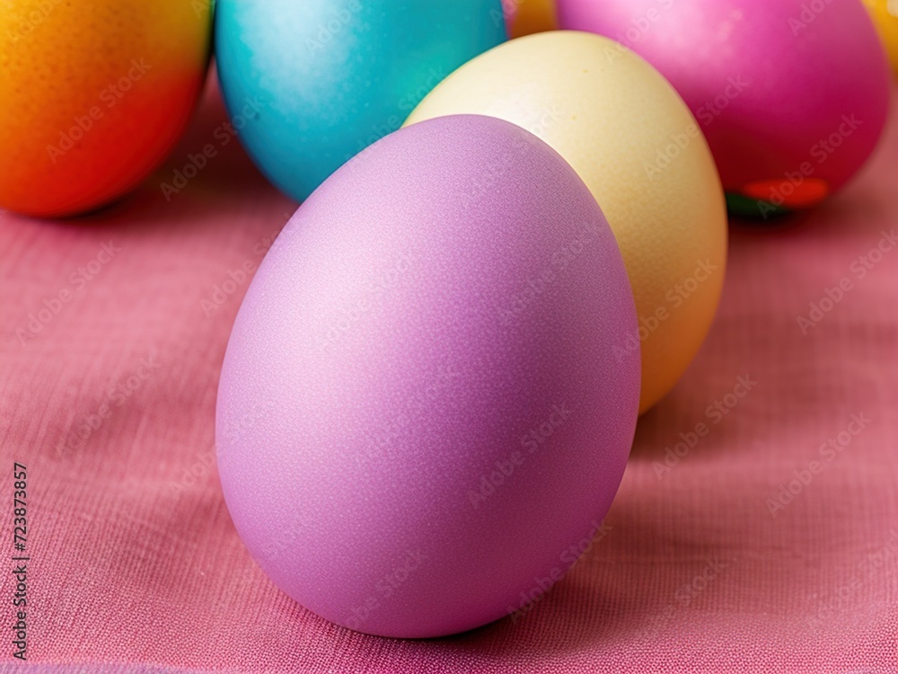 Close-up of multicolored painted bright Easter eggs on a pink background. The concept of celebrating Easter. Traditional Easter eggs.