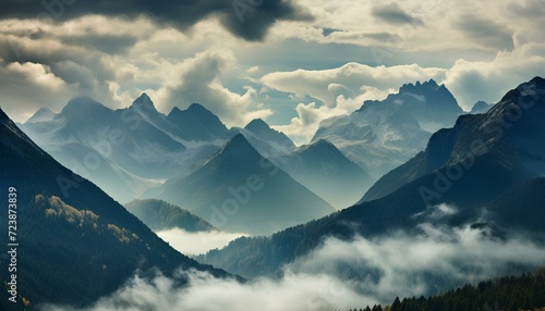 mountains in the morning. panorama of the mountains. mountain landscape with clouds. clouds overlapping with mountains. mountains and trees. melancholic lighting over the mountains. mountains and clou