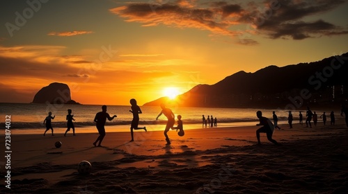 Photo of group of teenagers having fun playing soccer football under the twilight sunset at beach. Beach sports, holiday concept.