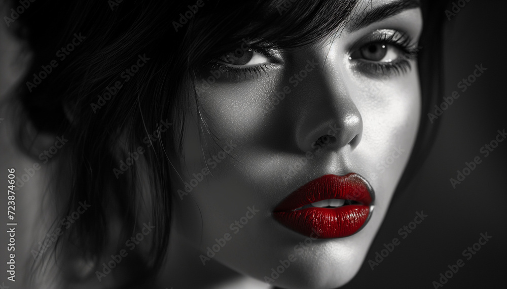 Black and white photograph of a young woman with bright red lips Black and white photograph of a young woman with bright red lips