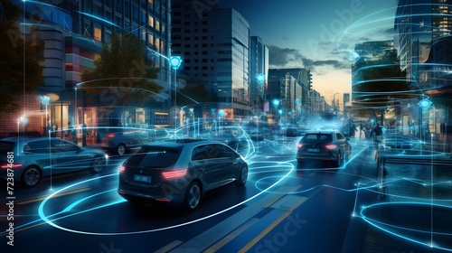 Visualization of the interaction of self-driving autonomous vehicles. Robotic cars are controlled by AI, driving along a busy city avenue, scanning the road with sensors, exchanging information. photo