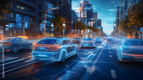 Visualization of the interaction of self-driving autonomous vehicles. Robotic cars are controlled by AI, driving along a busy city avenue, scanning the road with sensors, exchanging information. photo