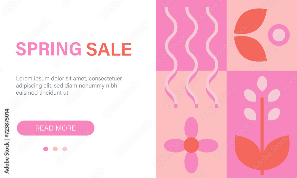 Spring sale banner design with geometric abstract ornament on pastel pink background. Vector illustration