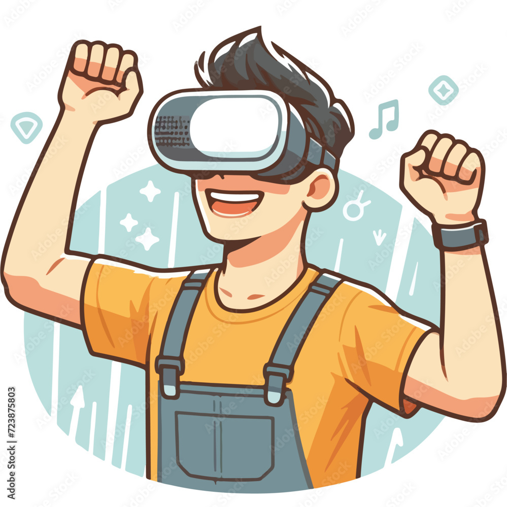 An exuberant man experiencing virtual reality through a colorful vector illustration.