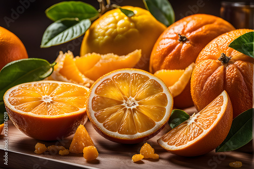 A cluster of vibrant oranges sits atop a weathered wooden table, their sun-kissed rinds glowing against the textured backdrop.  photo