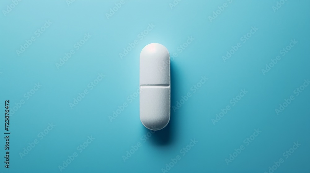 Closeup white medical pill on a blue background. Medicine for treatment. Pharmaceuticals Closeup white medical pill on a blue background. Medicine for treatment. Pharmaceuticals