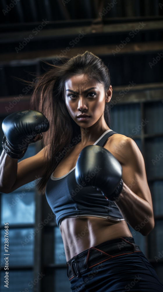 Sporty female boxer training in fitness gym. Close up portrait of young asian sportswoman in black boxing gloves looking with menacing face. Girl fighter.