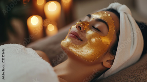 Woman relaxing with a luxurious gold facial mask at a day spa photo