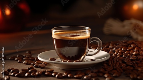 cup of strong hot coffee in glass on wooden table with coffee beans. coffee beans and a cup full of strong black coffee in a glass cup