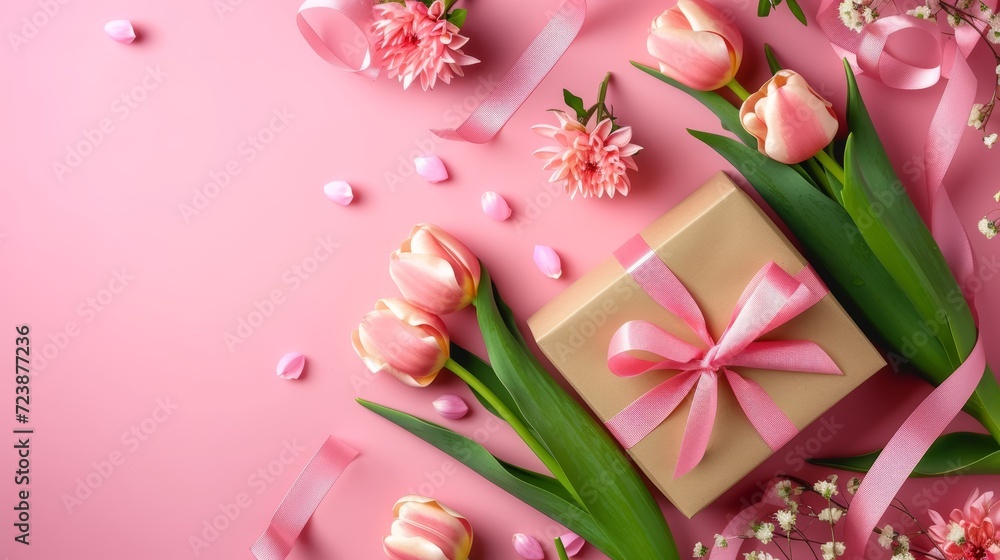 Mother's Day decorations concept. Top view photo of trendy gift boxes with ribbon bows and tulips on isolated pastel pink background Mother's Day decorations concept. Top view photo of trendy gift boxes with ribbon bows and tulips on isolated pastel pink background