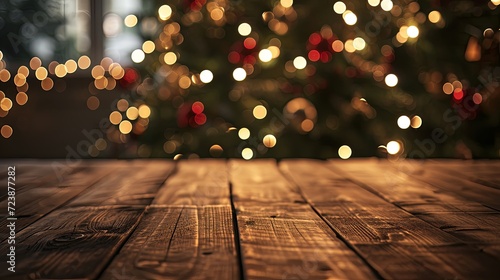 Wooden table at a Christmas tree with Christmas lights on the background, in the style of uhd image, tonalist painting. photo