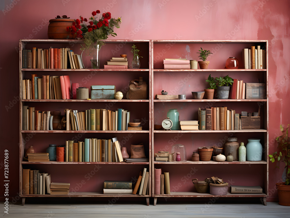 A pink book shelf in a living room A pink book shelf in a living room