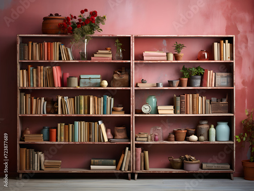 A pink book shelf in a living room