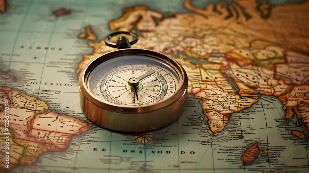 Illustration of an analog compass and location marking on world map background, travel concept