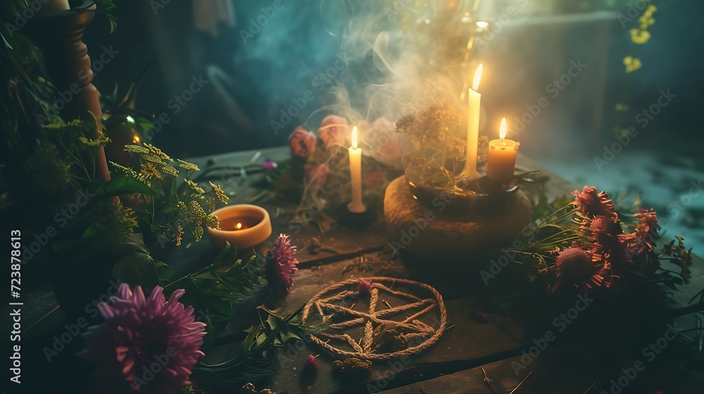 Esoteric spring Equinox ritual, magic mysticism, offering in nature - obrazy, fototapety, plakaty 