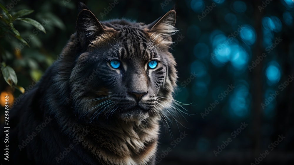 Portrait of a leopard with glowing blue eyes on a dark background. Portrait of a leopard with glowing blue eyes on a dark background.