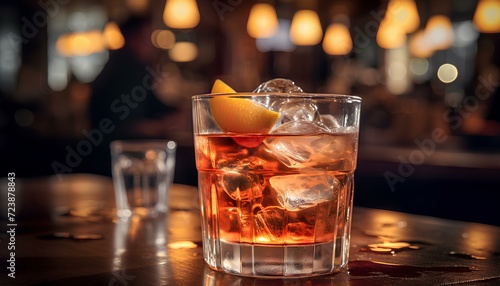 cocktail with ice. glass of whiskey on counter. rum and cola closeup in a moody bar. alcoholic beverage still in a bar with moody lightning. drink in glass with lemon. alcohol in glass. bar 