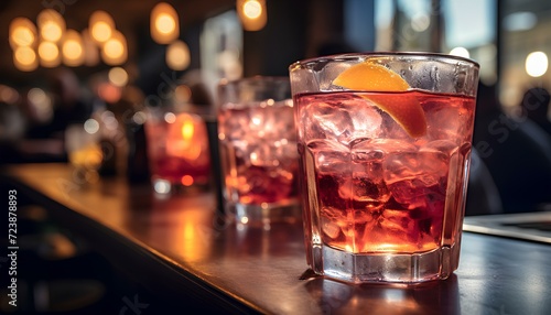 glass of whiskey on counter. rum and cola closeup in a moody bar. alcoholic beverage still in a bar with moody lightning. drink in glass with lemon. alcohol in glass. bar and restaurant drink