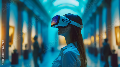 Young Woman Experiencing Virtual Museum Tour with VR Headset