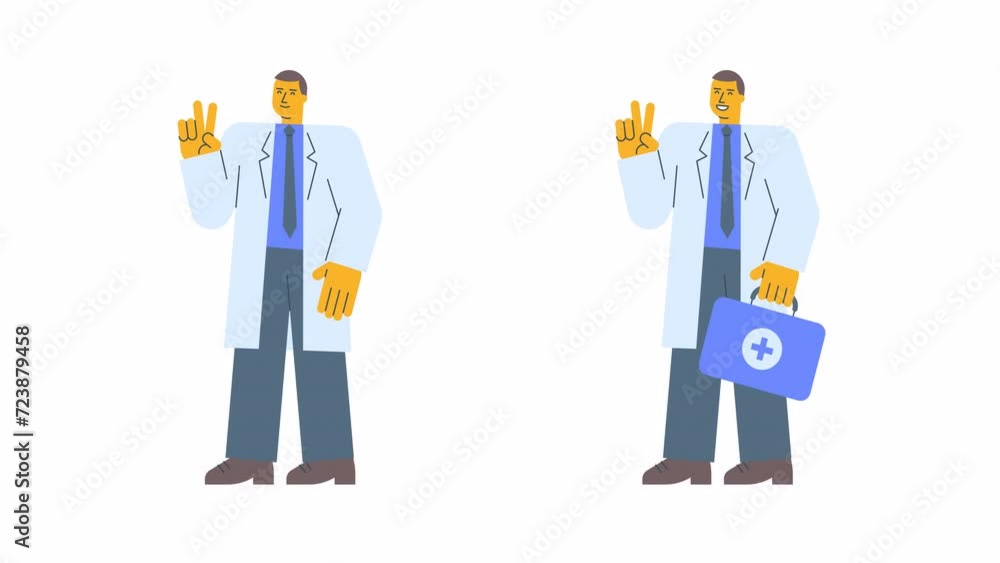 Doctor in robe holds suitcase shows two fingers gesture and smiles. Alpha channel Doctor in robe holds suitcase shows two fingers gesture and smiles. Alpha channel