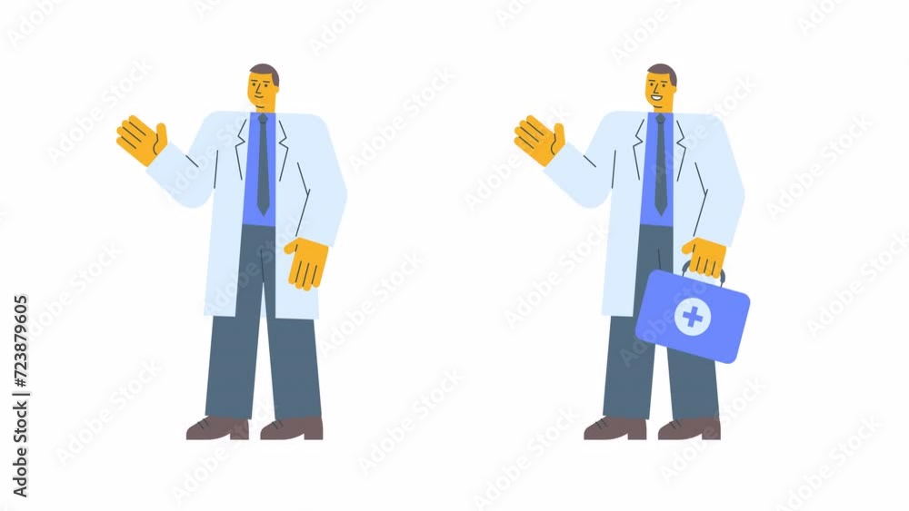 Doctor in robe holds suitcase points hand and smiles. Alpha channel Doctor in robe holds suitcase points hand and smiles. Alpha channel