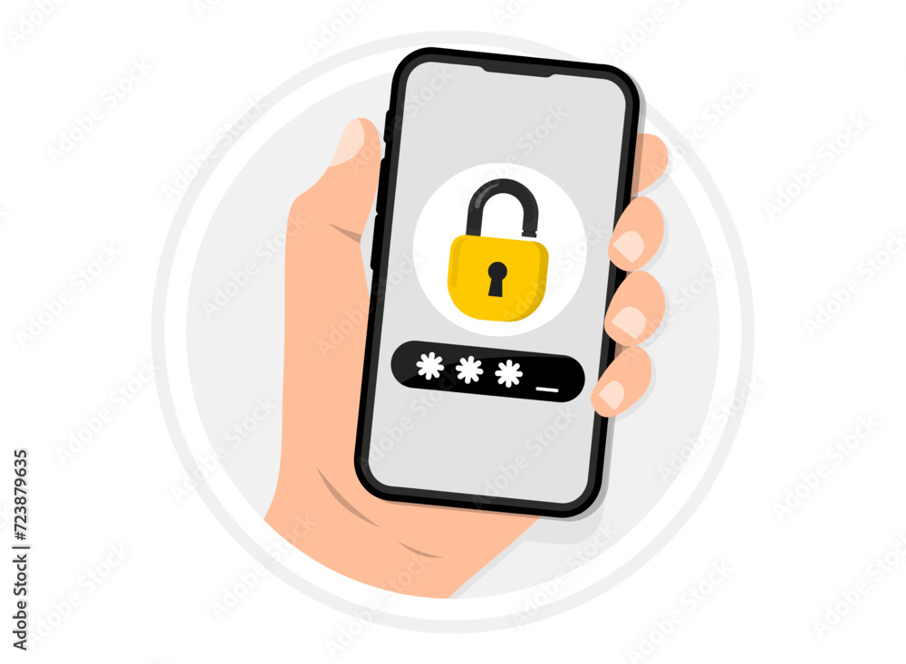 Hand holding smartphone with lock screen. Phone with enter password ...