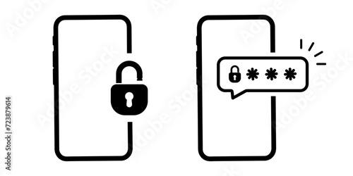 Phone password. Password protected icon. Phone with enter password code, verification security authorization Two step authentication. Notification button and entering a code on the screen