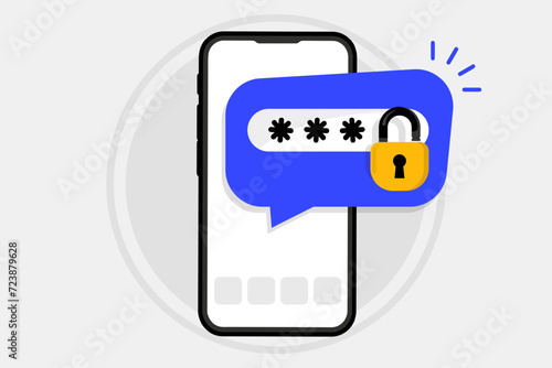 Phone with password. Password protected, smartphone security alert, personal access, authorization, protection technology. Unlocked Mobile phone notification button and entering password on the screen