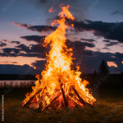 Bonfire with high flames with dramatic night view, ai technology