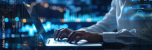 hands working on a computer showing symbols for stocks and trading and finance