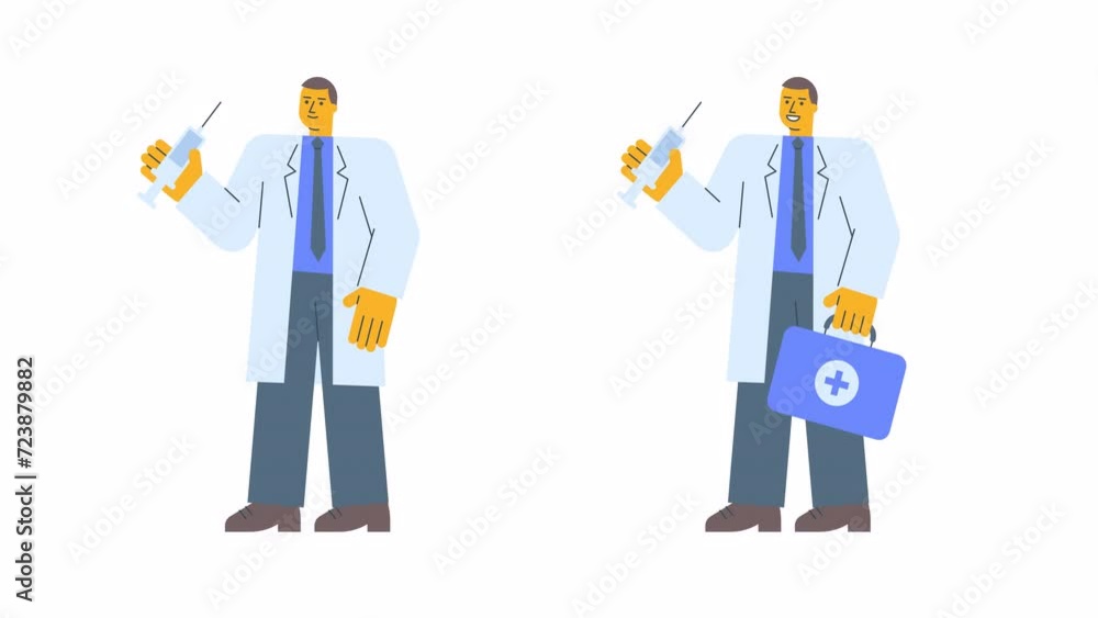 Doctor in robe holds syringe holds suitcase and smiles. Alpha channel Doctor in robe holds syringe holds suitcase and smiles. Alpha channel