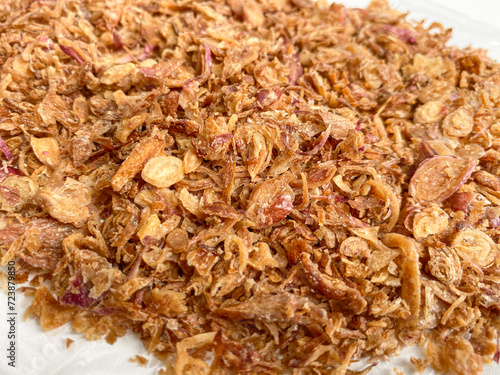 Fried onion crisp texture, flat lay or top view