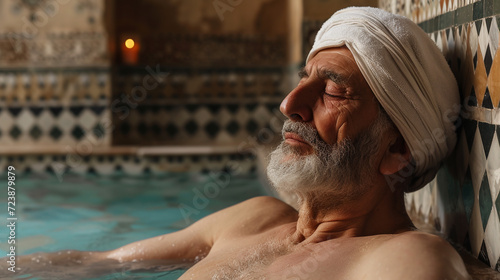 Mature man relaxing in turkish hammam. 