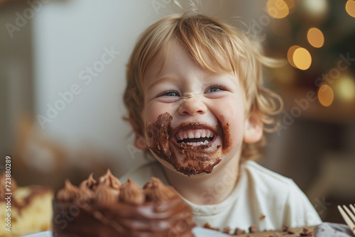 Adorable child laughing with hand and face dirty with chocolate, cake, happy moment