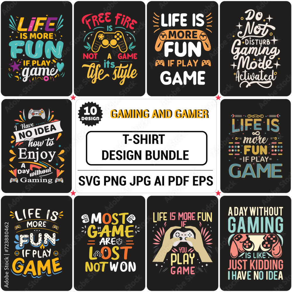 Gaming T-shirt Designs Bundle, Typography gaming t shirt, Download gamer t shirt Design .