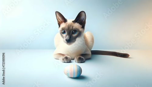 a cat sitting with a Easter egg next to him on an Easter themed background for Easter	
