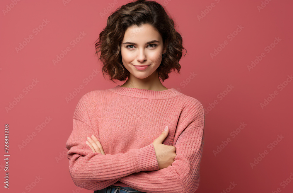 Obraz premium Isolated Beauty: Attractive Caucasian Female Model Standing, Happy and Smiling in Pink Sweater, Positively Expressing Elegance and Style