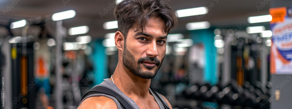 Focused Flex: A Determined Man Locks Eyes With the Lens in a Lively Gym Scene Focused Flex: A Determined Man Locks Eyes With the Lens in a Lively Gym Scene