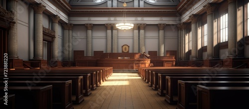 Empty courtroom or law court with a window in the foreground.