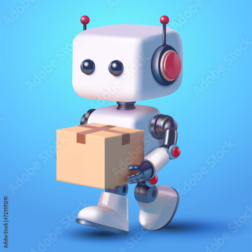 Cute robot delivering packages, 3d vector. Suitable for marketplaces, websites, e-commerce, social media and design elements