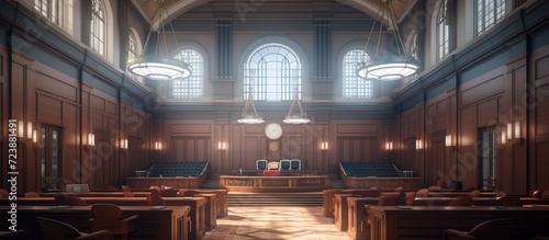 Empty courtroom or law court with a window in the foreground. photo