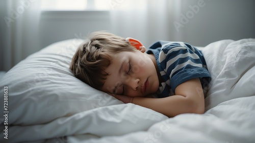 Cute boy sleeping on a white bed from Generative AI