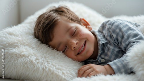 Cute boy smiling happily sleeping on a cozy white bed from Generative AI