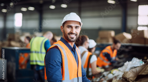 Cheerful young waste management worker in protective vest in a warehouse