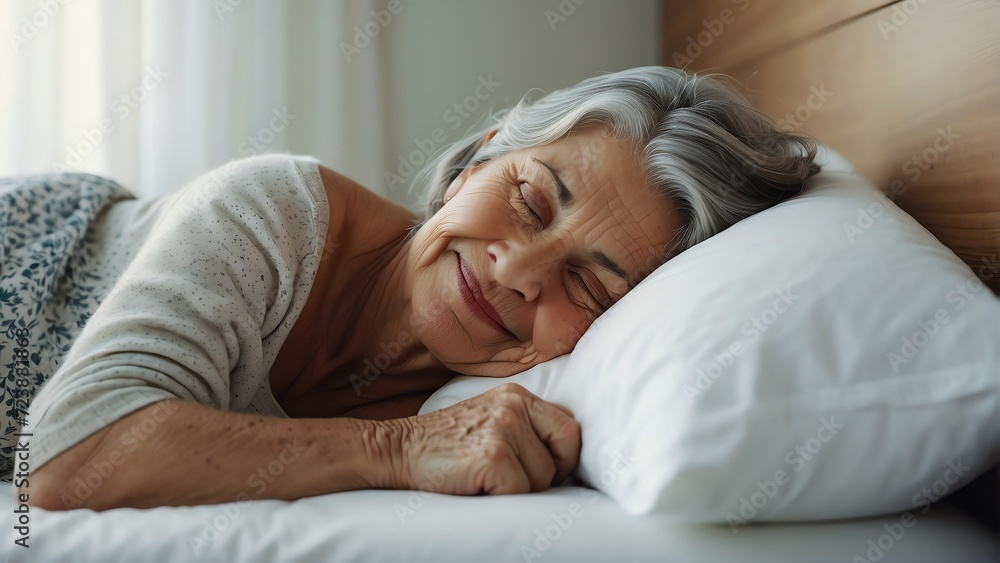 Elderly woman smiling happily sleeping on a cozy white bed from Generative AI